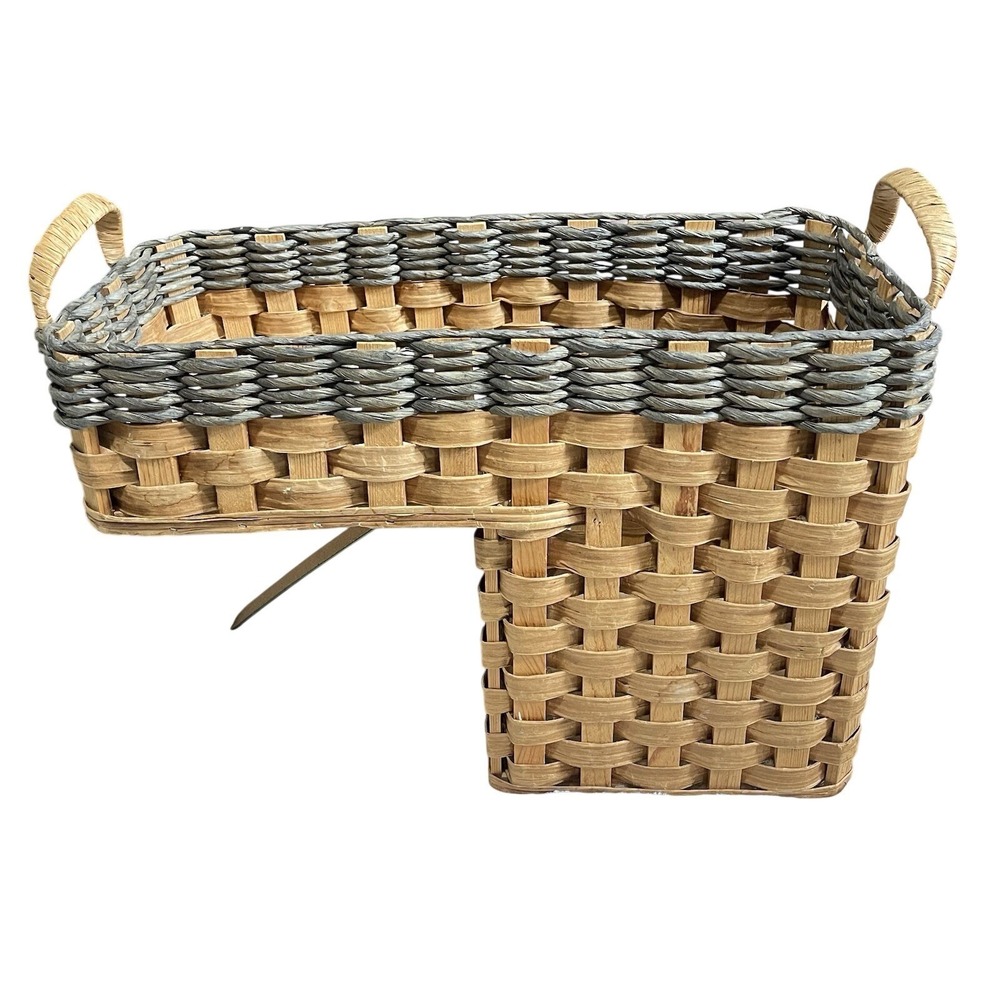 Amish Stair Step 20" Storage Basket Blue Woven Wood Wicker Cottage Farmhouse